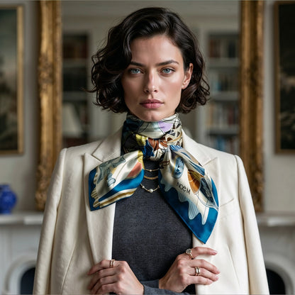NOE MI high end silk twill scarf designed for women who love structured elegance, artistic fashion, and luxury accessories.