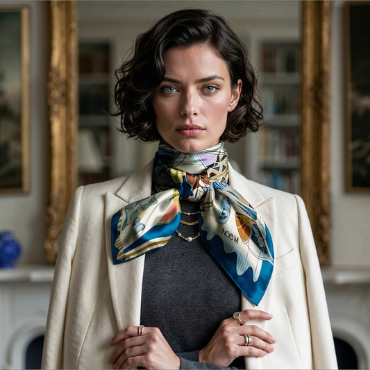 NOE MI high end silk twill scarf designed for women who love structured elegance, artistic fashion, and luxury accessories.