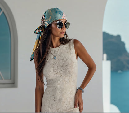 Ideal for collectors of meaningful wearable art, this square silk scarf transforms everyday outfits into statements of introspection and feminine grace.