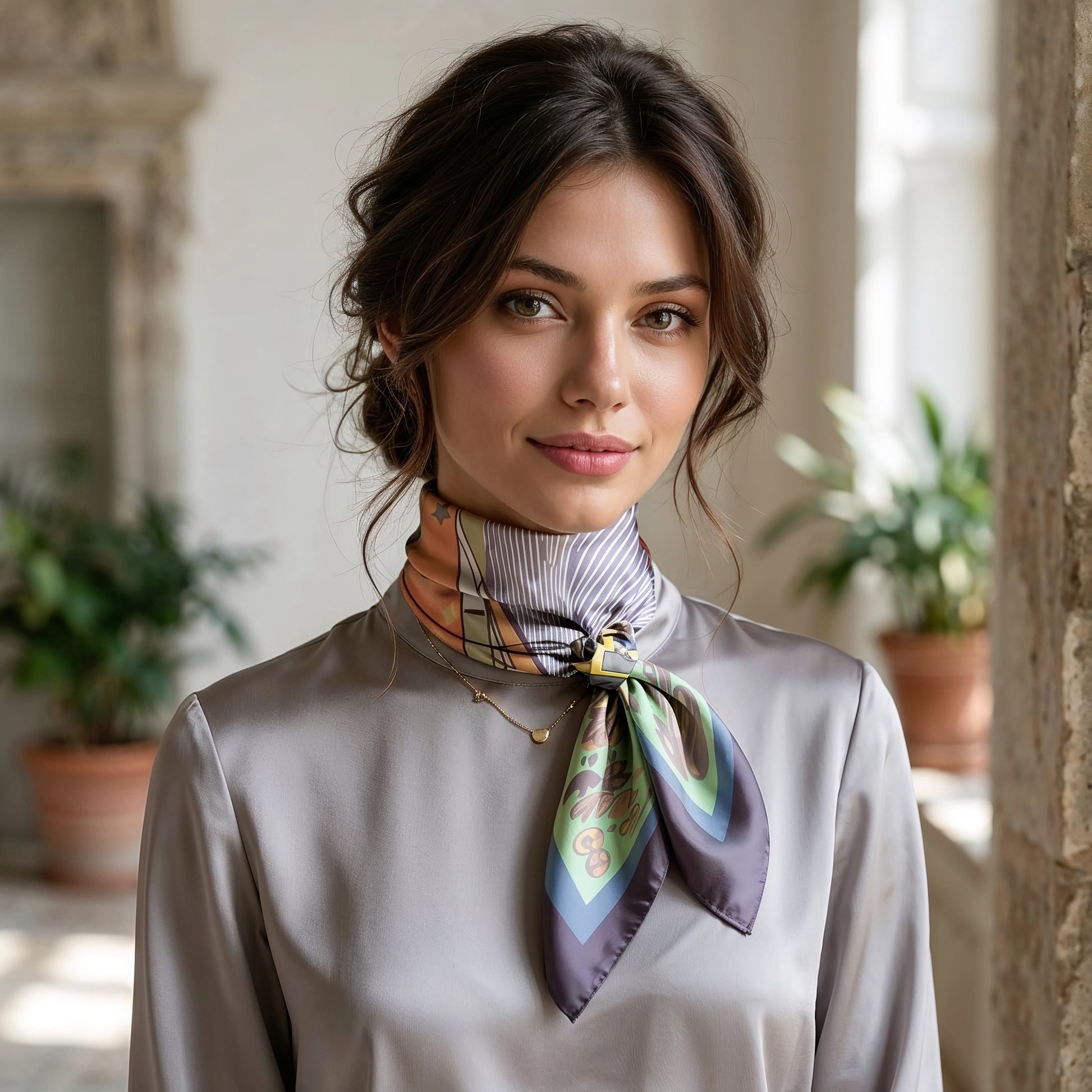 NOE MI square silk scarf in soft green background with pastel blue, peach, and cream details showcasing artistic equestrian inspired design.