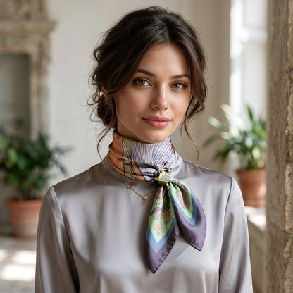 NOE MI square silk scarf in soft green background with pastel blue, peach, and cream details showcasing artistic equestrian inspired design.