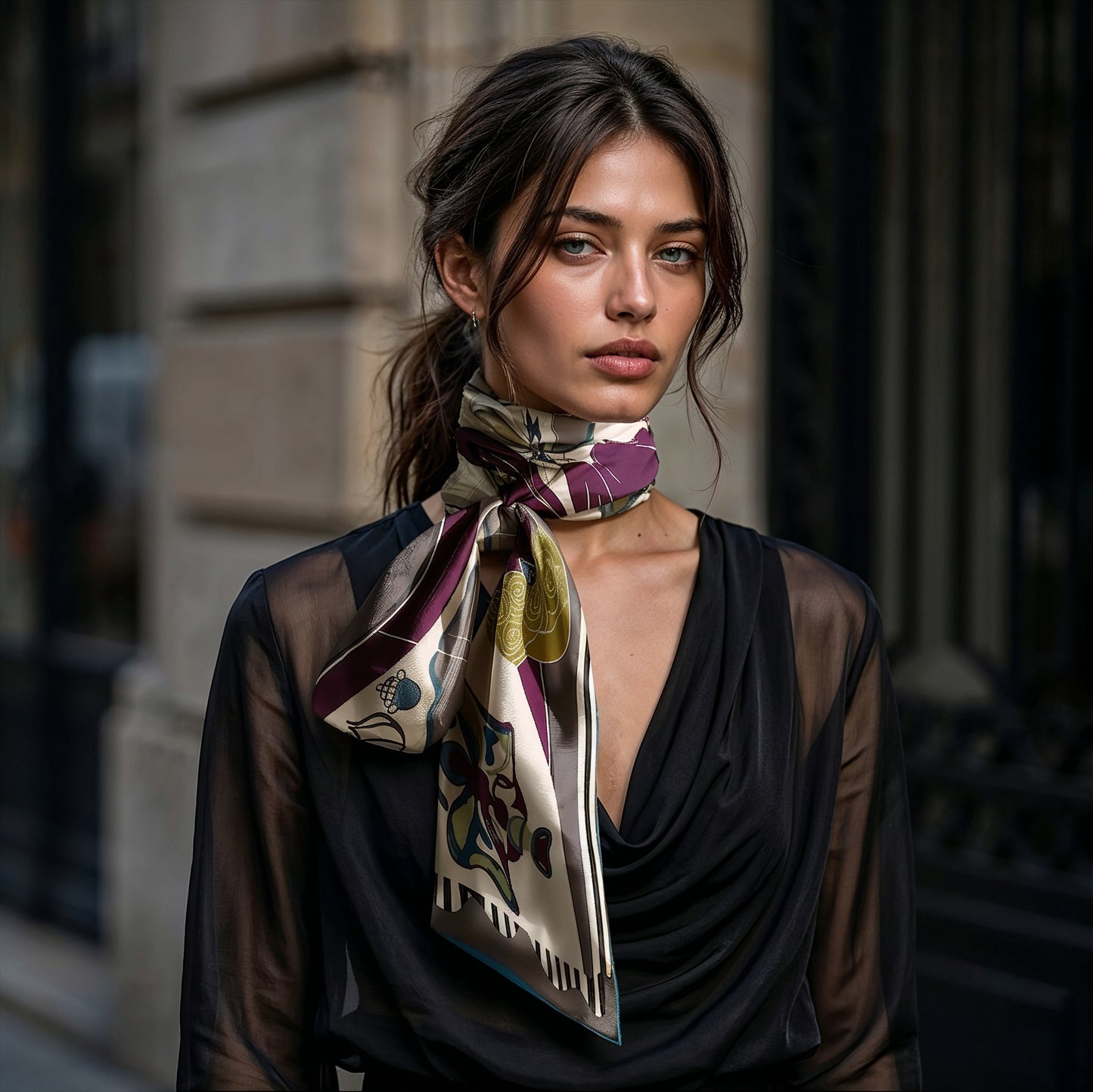 NOE MI Porcelain Tension Noir silk scarf is a designer silk scarf with a structured composition and porcelain inspired elements in muted dark tones for refined styling.
