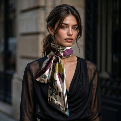 NOE MI Porcelain Tension Noir silk scarf is a designer silk scarf with a structured composition and porcelain inspired elements in muted dark tones for refined styling.