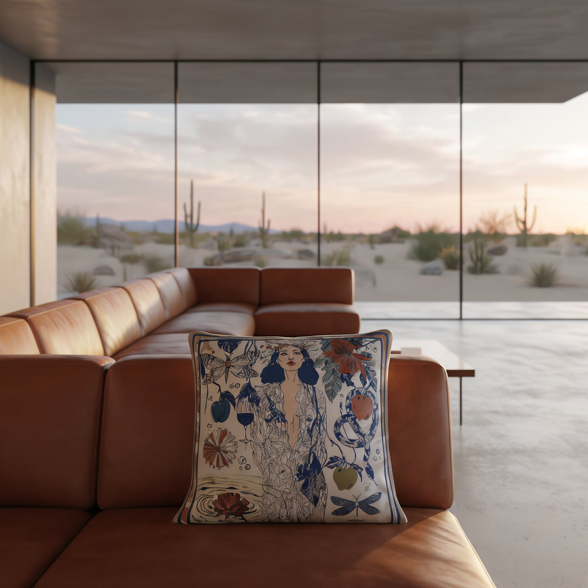NOE MI Dark Temptation Mediterranean cushion is a designer square cushion featuring a feminine figure with symbolic elements in a soft Mediterranean color palette.