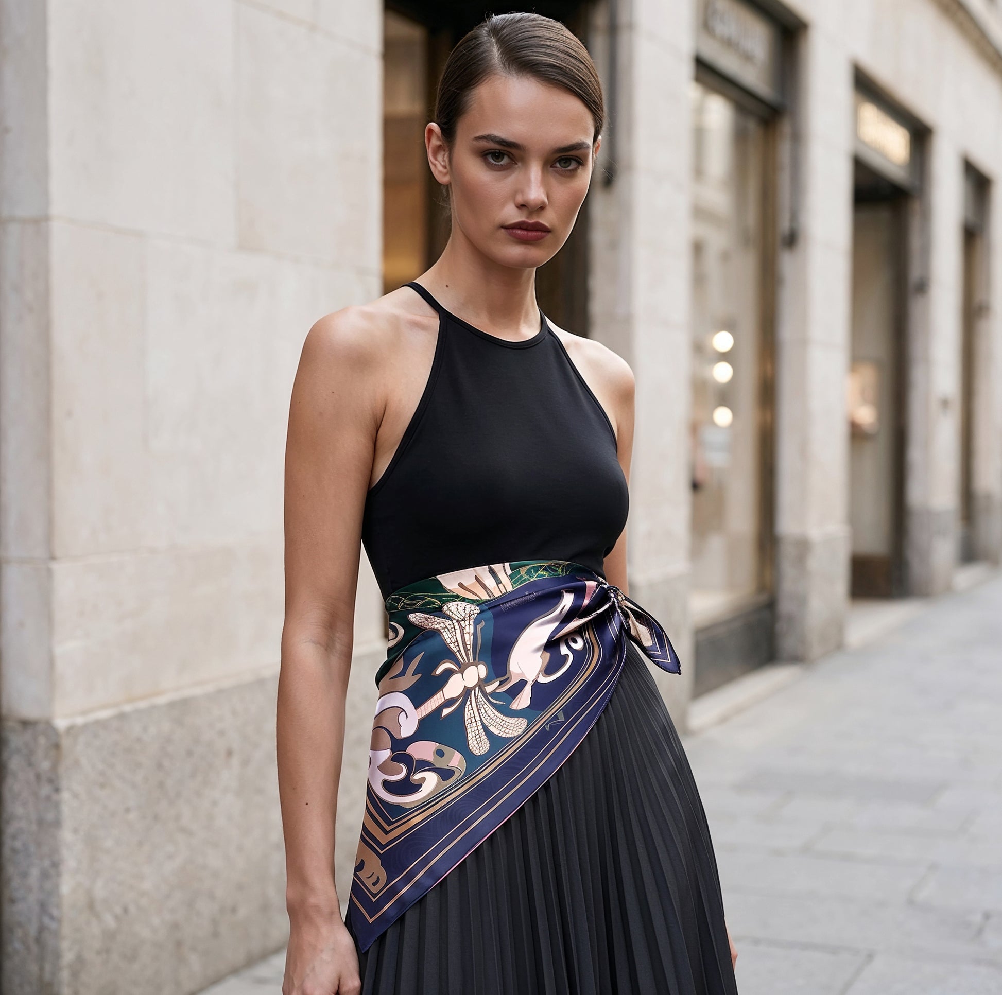 NOE MI square silk twill scarf Golden Threads Emerald with dragonfly, candle, and bird symbols in a rich emerald and navy palette, perfect for luxury fashion styling and curated outfits.