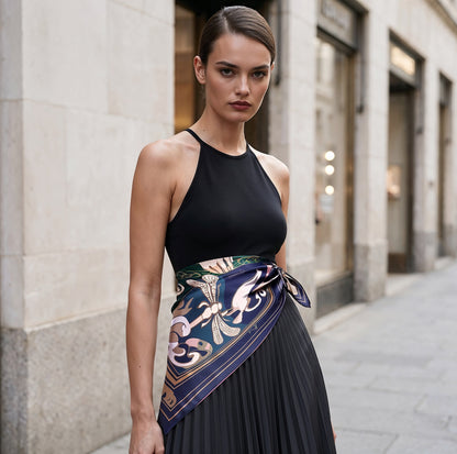 NOE MI square silk twill scarf Golden Threads Emerald with dragonfly, candle, and bird symbols in a rich emerald and navy palette, perfect for luxury fashion styling and curated outfits.