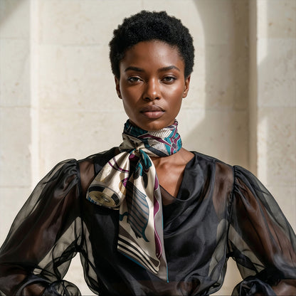 NOE MI Porcelain Tension Noir silk scarf is a wearable art silk scarf featuring a female figure and stylized horse in elegant dark color palette.