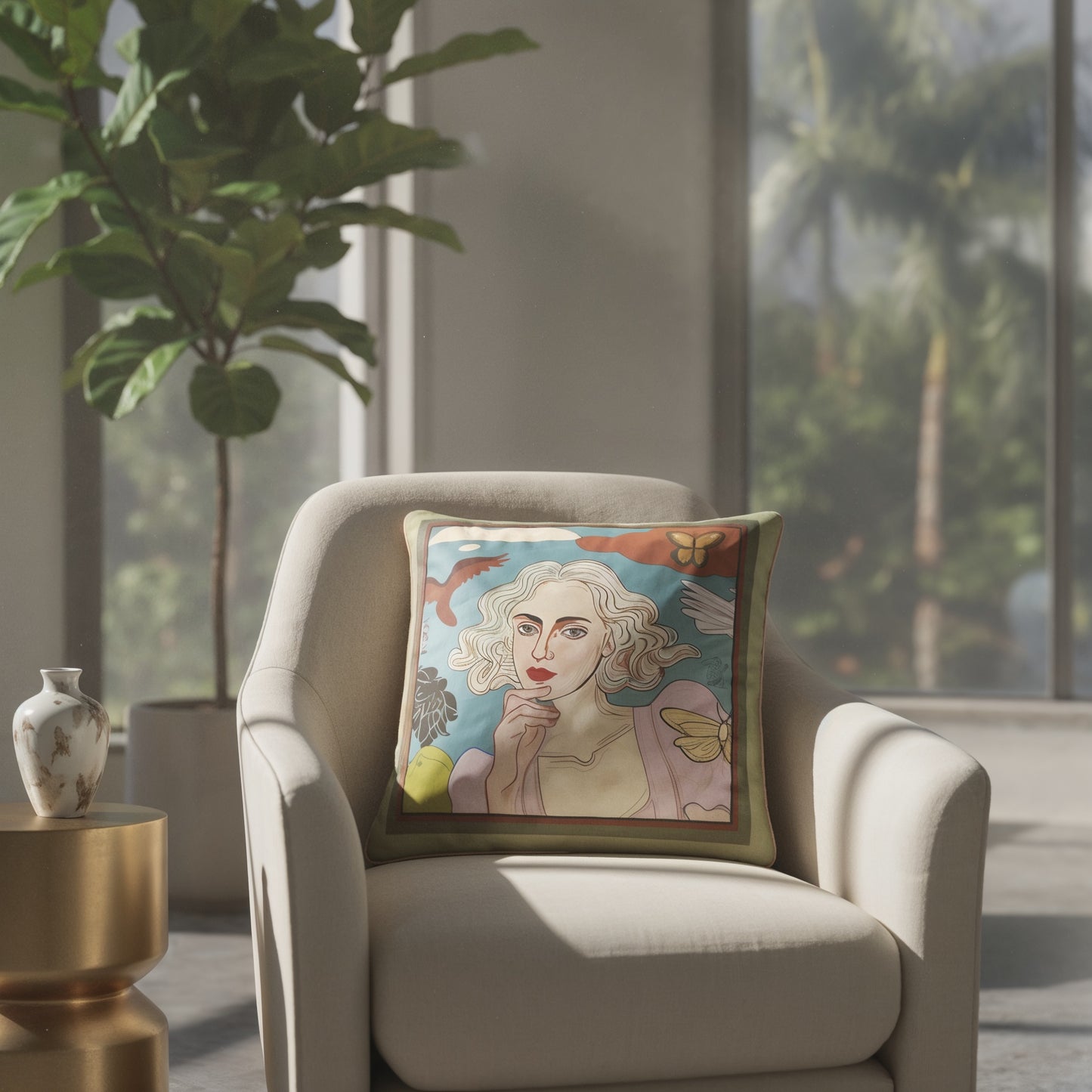 This artistic square cushion by NOE MI makes a quiet yet powerful statement of refinement, grace, and daydream-like charm.