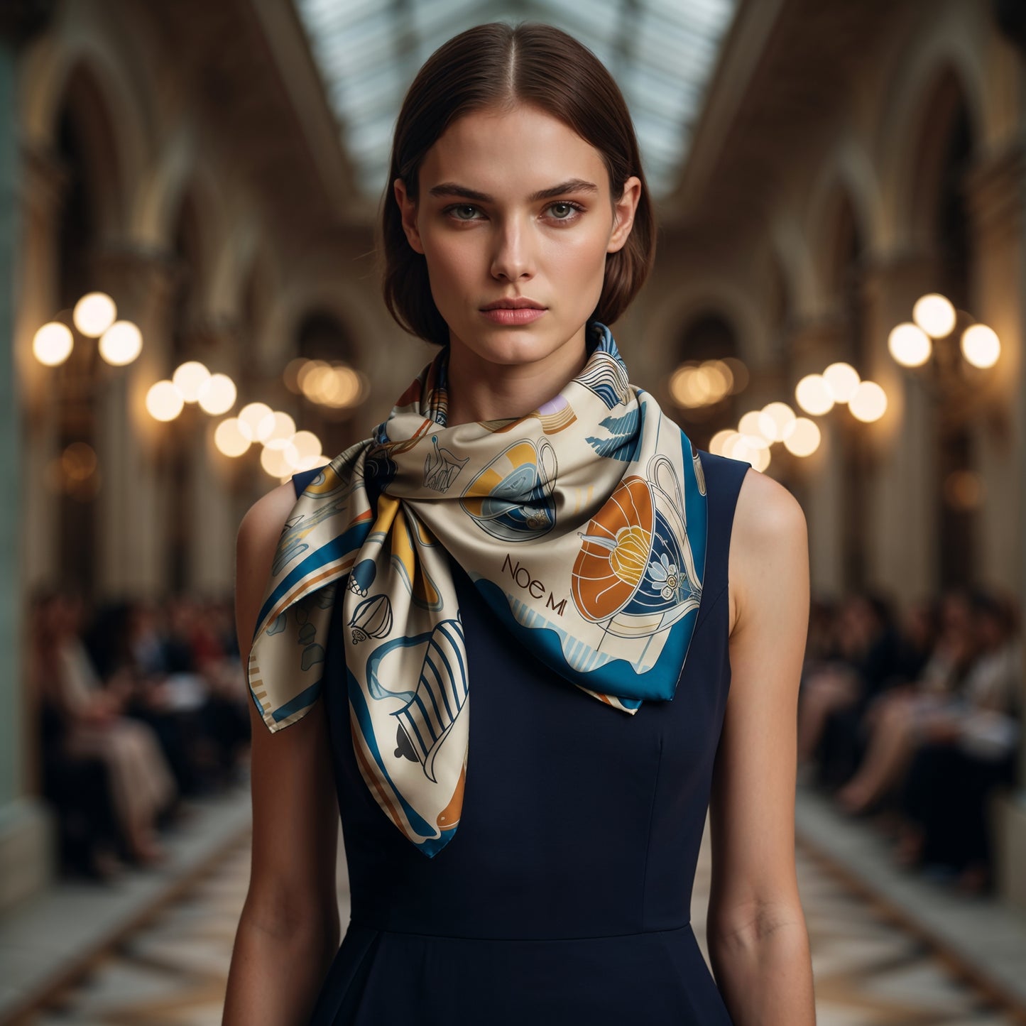 NOE MI square silk scarf with deep blue border and ivory center composition ideal for statement fashion and luxury gifting.