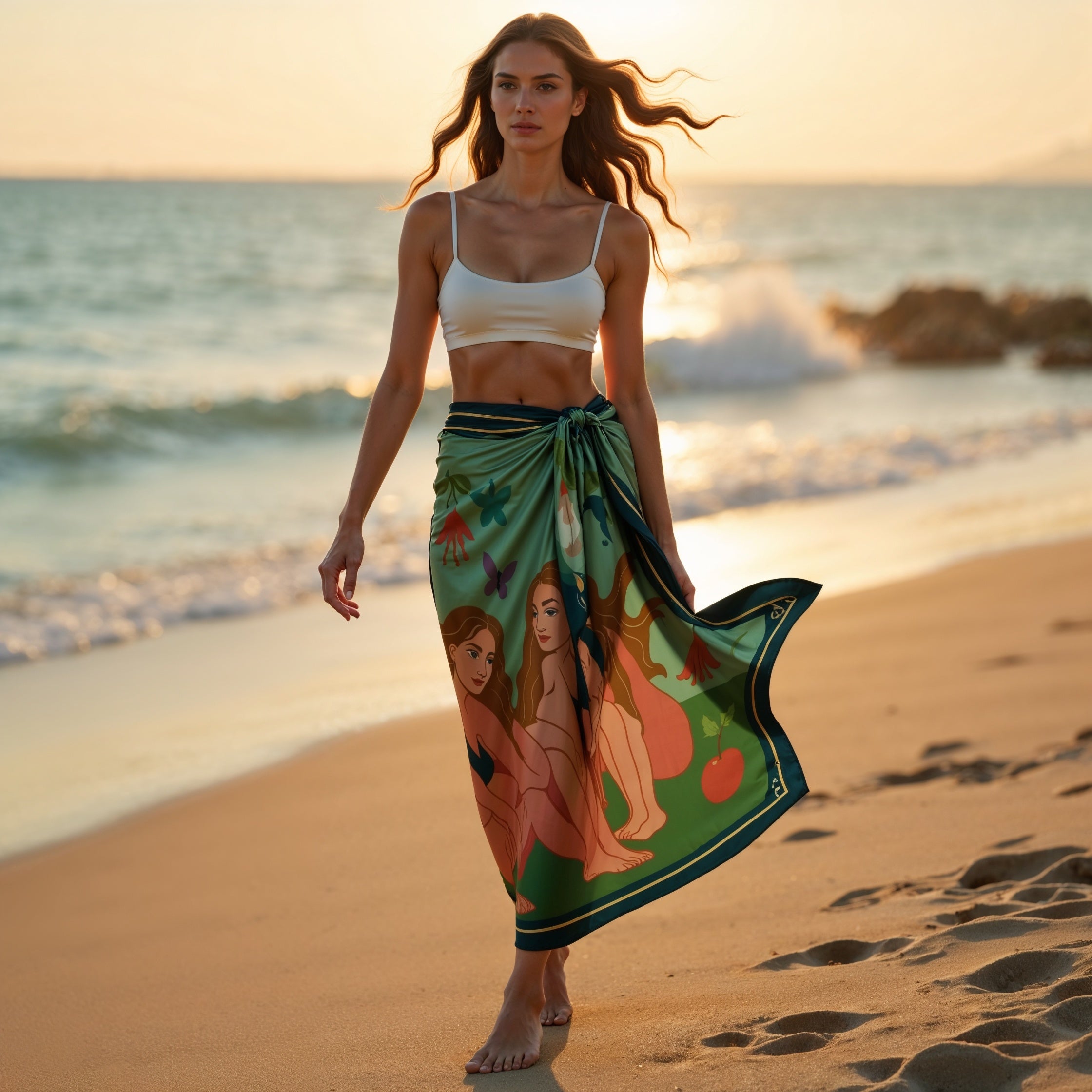 Woman walking on a beach with a colorful NOE MI chiffon and silk sarong /pareo draped over her shoulder