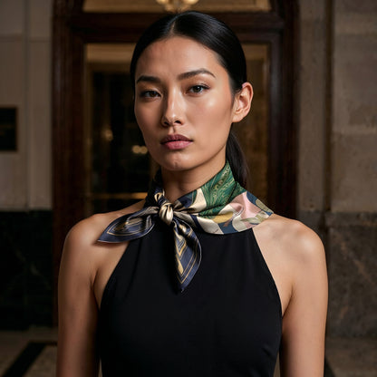 NOE MI artistic silk scarf Golden Threads Emerald in deep green and blush tones, ideal as a statement fashion piece or collectible wearable art accessory.