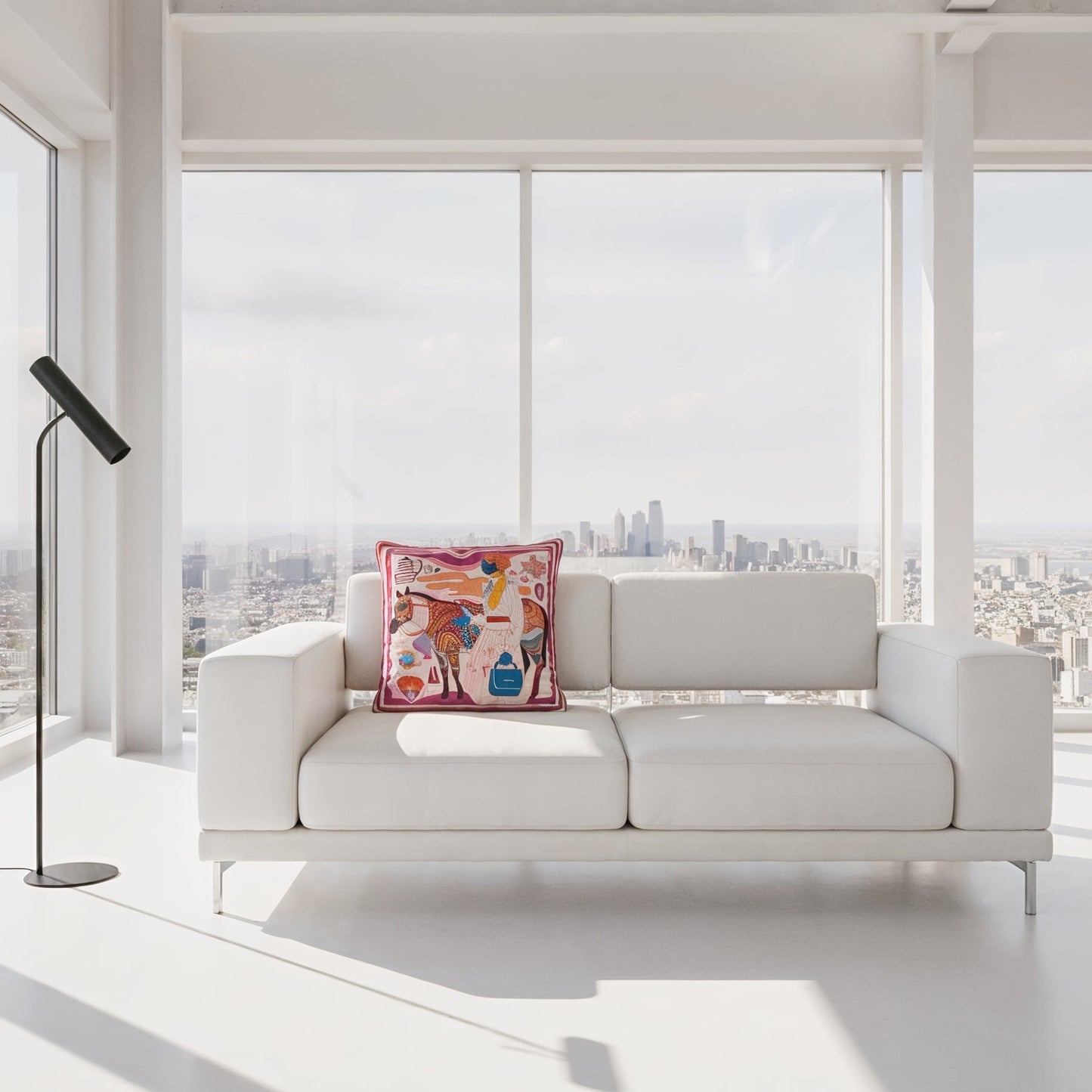 NOE MI artistic cushion combining bold color palette and symbolic design for luxury interior decoration.