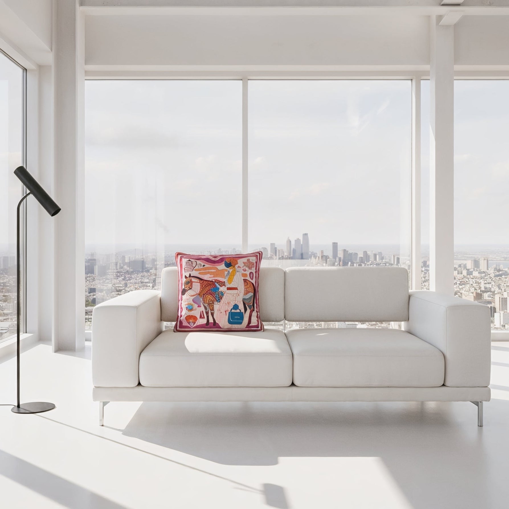 NOE MI artistic cushion combining bold color palette and symbolic design for luxury interior decoration.