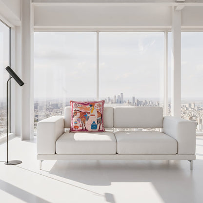 NOE MI artistic cushion combining bold color palette and symbolic design for luxury interior decoration.