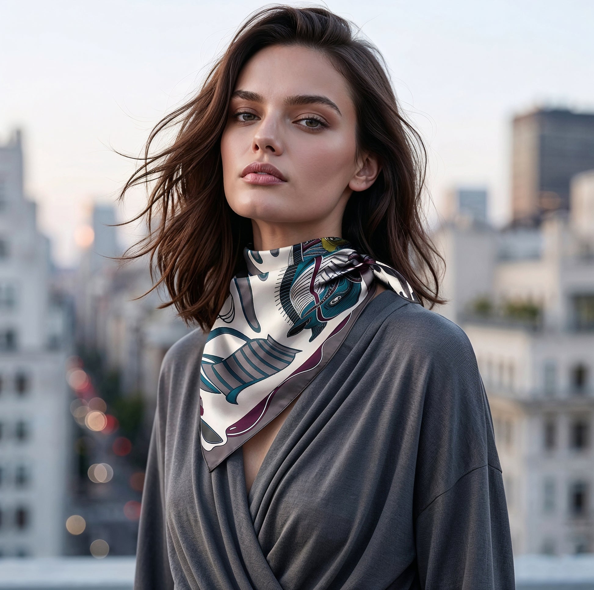 NOE MI Porcelain Tension Noir silk scarf is a luxury fashion scarf in deep neutral tones perfect for minimal, modern, and curated wardrobes.