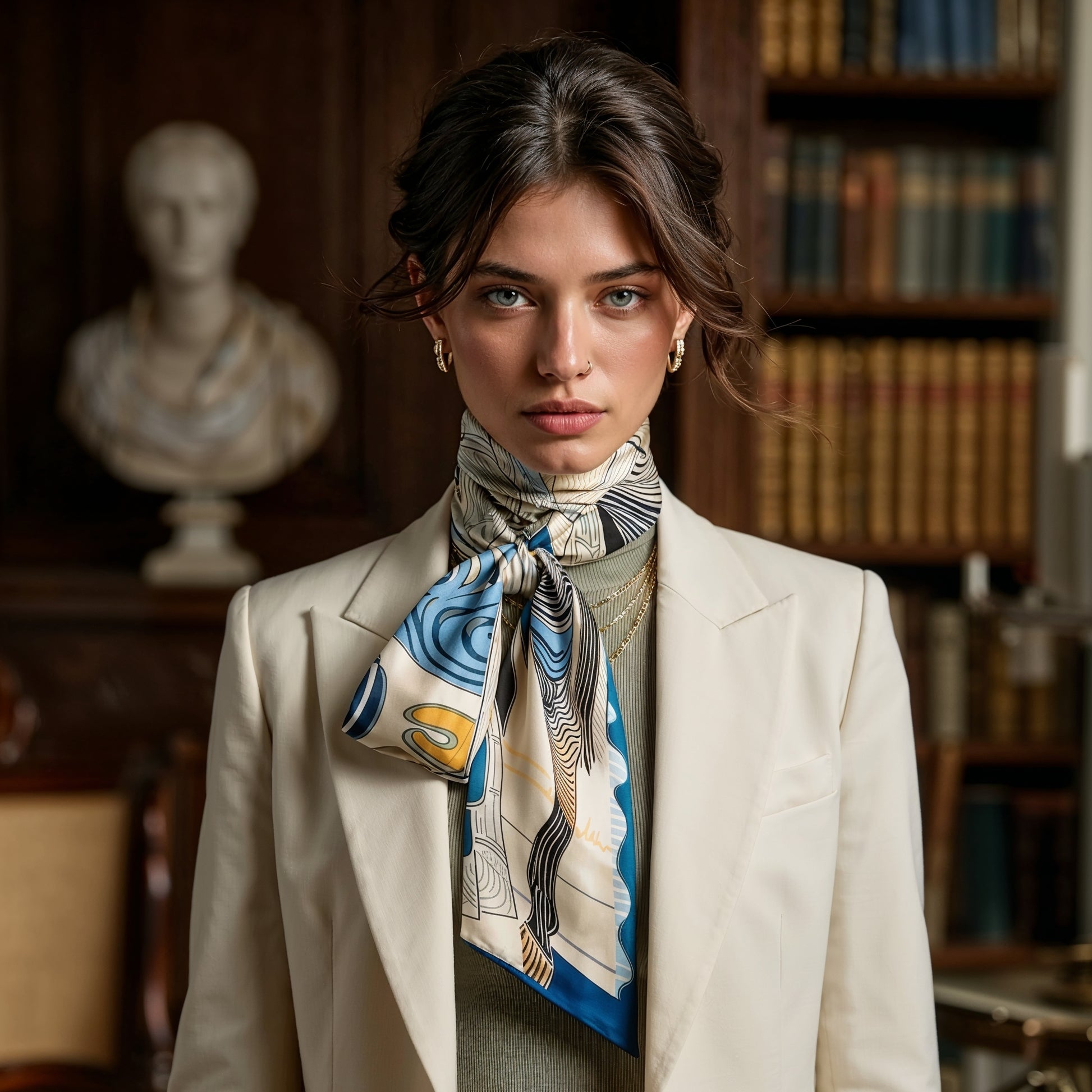 NOE MI luxury designer scarf combining fashion, symbolism, and porcelain inspired details for elevated everyday styling.