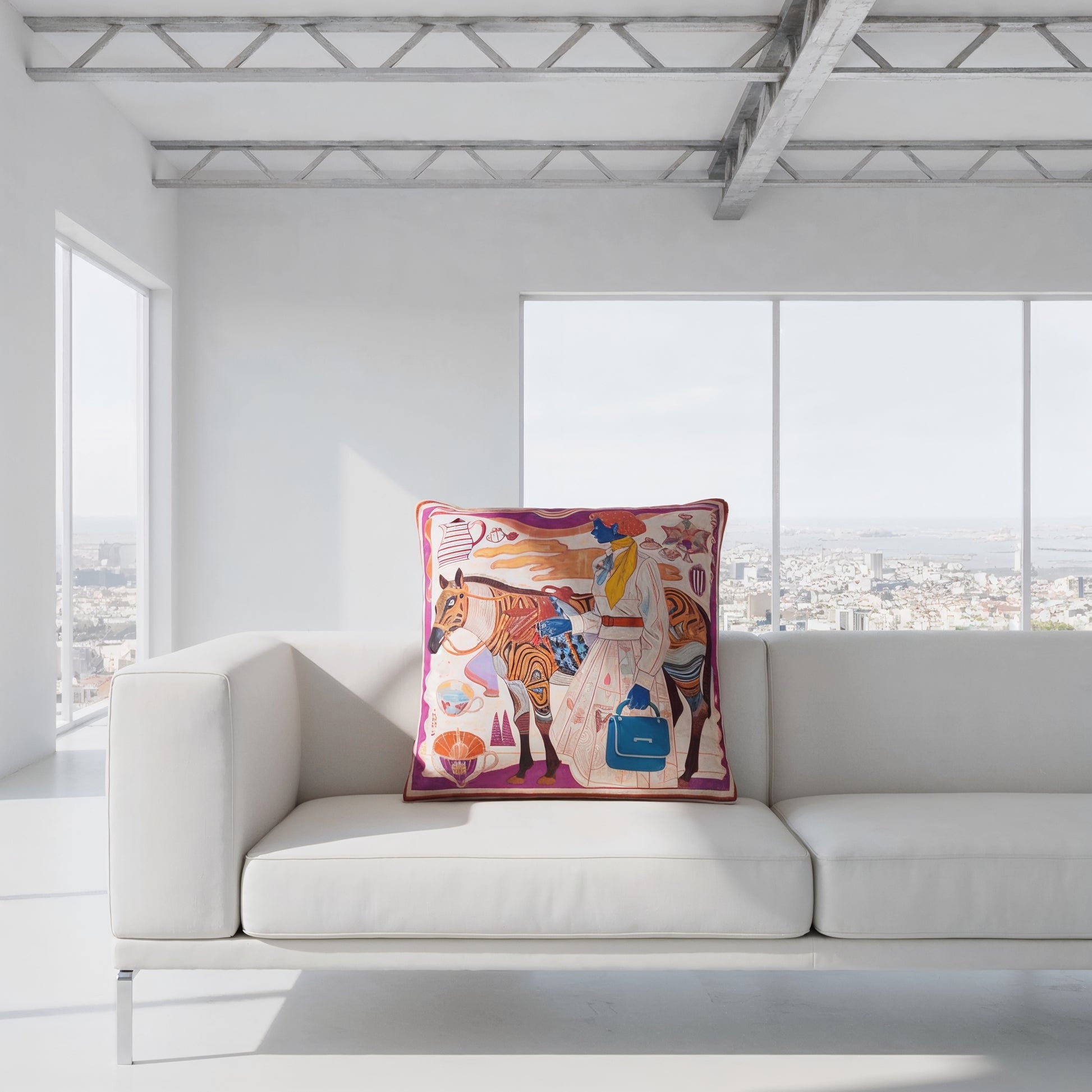 NOE MI luxury velvet shimmer cushion Porcelain Tension Tropic with soft-touch finish and full-edge piping for refined interiors.