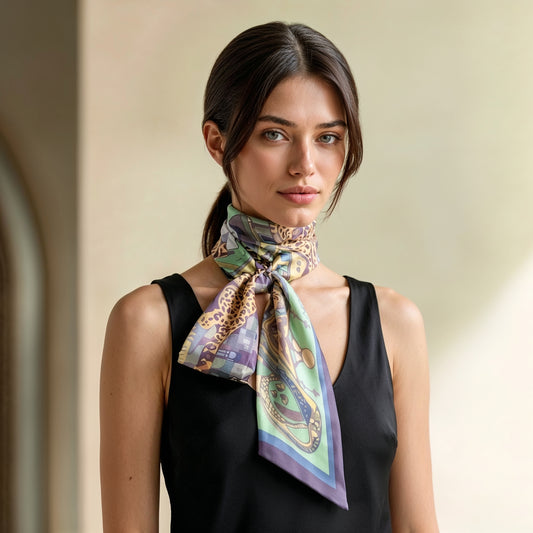NOE MI wearable art silk scarf in pastel tones designed for stylish women and lovers of light, elegant luxury accessories.